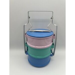 Thai Tradition Enamelware Food Carrier Small Pinto 3 Stacks Bento Tiffin Blue